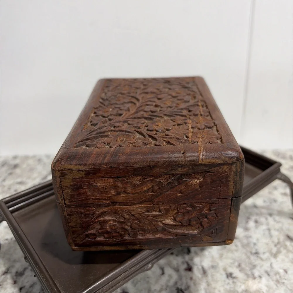 Vintage Carved Wood Jewelry Trinket Box Purple Velvet Lining Handcrafted